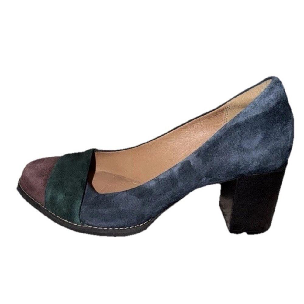 New Clarks Artisan 6 Colorblock Suede Block Heel Pumps Blue Green Plum Comfort